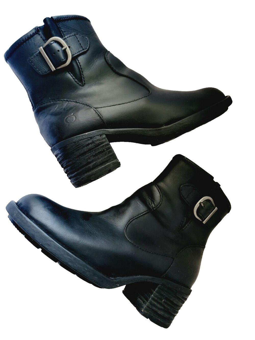 Born Kati Black Leather Moto Ankle Boots Side Zip Buckle Size 8M